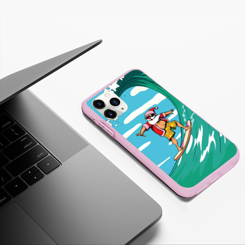 Чехол для iPhone 11 Pro Max матовый Summer Santa - surfing, цвет розовый - фото 5