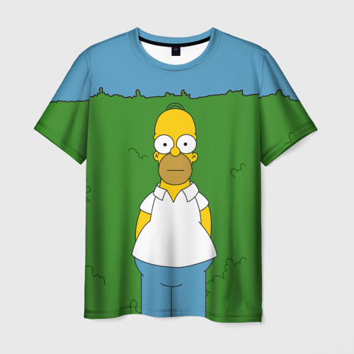 Мужская футболка с принтом Гомер Симпсон в кустах, вид спереди №1