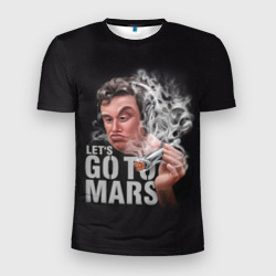 Мужская футболка 3D Slim Илон Маск с дымящей ракетой Falcon в руке - Let's go to Mars