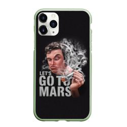 Чехол для iPhone 11 Pro матовый Илон Маск с дымящей ракетой Falcon в руке - Let's go to Mars