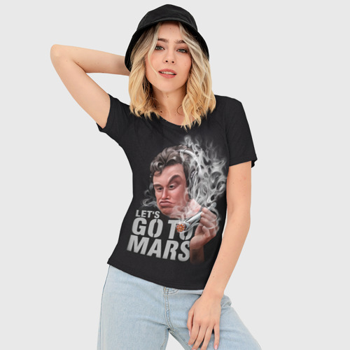 Женская футболка 3D Slim Илон Маск с дымящей ракетой Falcon в руке - Let's go to Mars, цвет 3D печать - фото 3