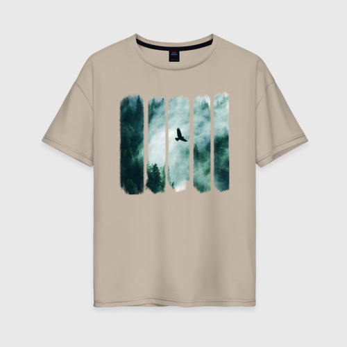 Женская футболка хлопок Oversize Орёл над хвойным лесом, цвет миндальный