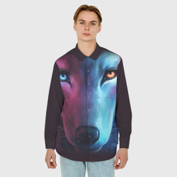 Мужская рубашка oversize 3D Neon wolf неоновый волк - фото 2