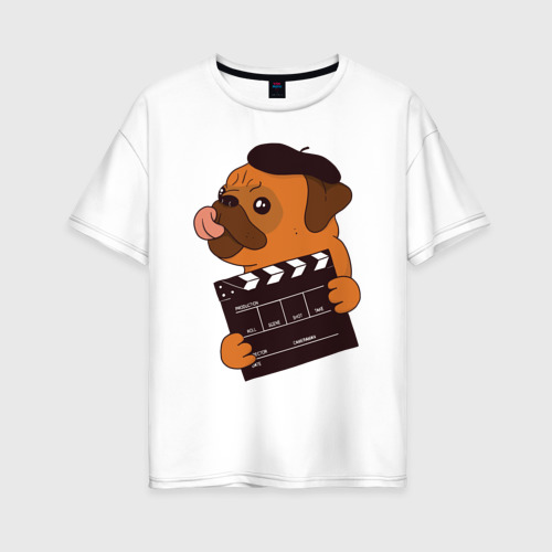Женская футболка оверсайз из хлопка с принтом Режиссёр Мопс, вид спереди №1