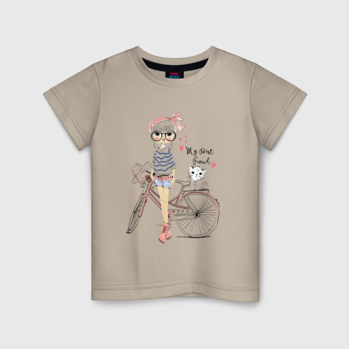 Детская футболка хлопок с принтом Девушка с котиком, вид спереди #2