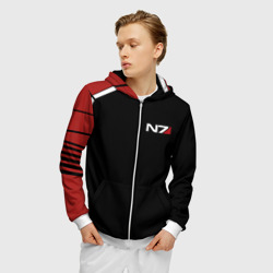 Толстовка с принтом Mass Effect N7 для мужчины, вид на модели спереди №2. Цвет основы: белый