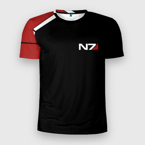 Мужская приталенная футболка с принтом Mass Effect N7, вид спереди №1