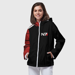 Ветровка с принтом Mass Effect N7 для женщины, вид на модели спереди №2. Цвет основы: белый