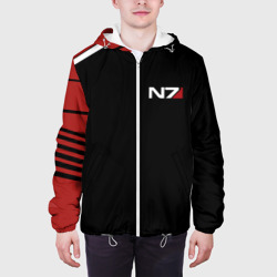 Куртка с принтом Mass Effect N7 для мужчины, вид на модели спереди №3. Цвет основы: белый