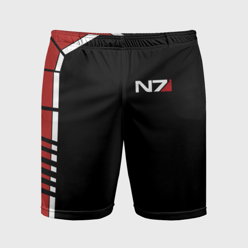 Мужские шорты спортивные с принтом Mass Effect N7, вид спереди №1