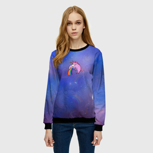 Женский свитшот 3D с принтом Единорог, блюющий радугой, фото на моделе #1