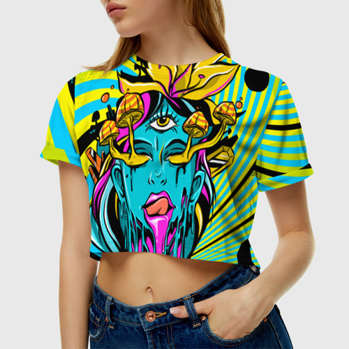Женская футболка Crop-top 3D Психоделика девушка, цвет 3D печать - фото 5