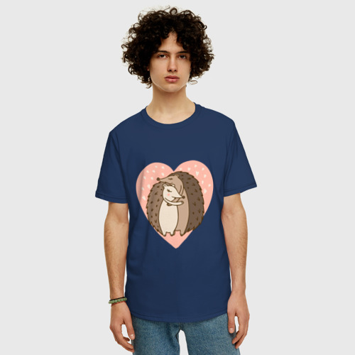 Мужская футболка хлопок Oversize Влюбленные   ёжики, цвет темно-синий - фото 3