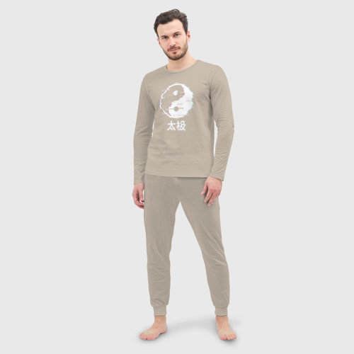 Мужская пижама с лонгсливом хлопок Инь ян глитч, цвет миндальный - фото 3