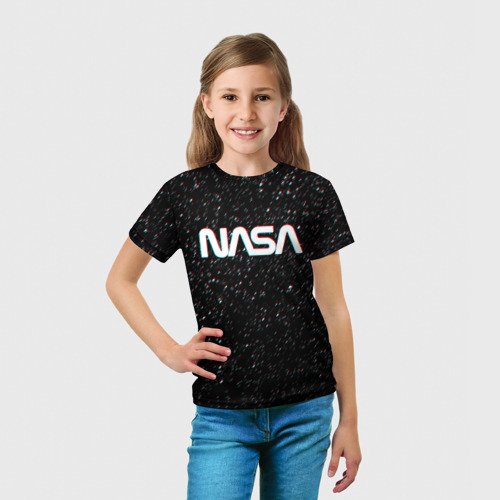 Детская футболка 3D с принтом NASA GLITCH SPACE, вид сбоку #3