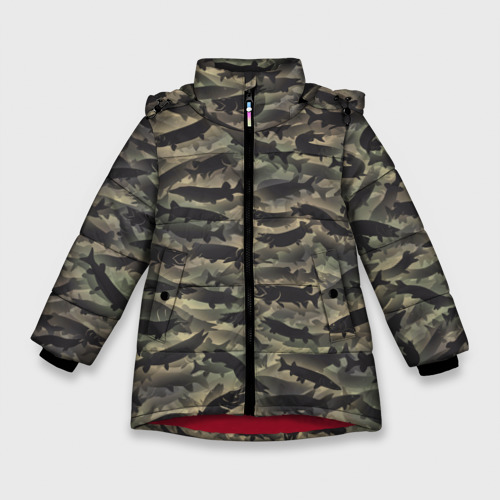 Зимняя куртка для девочек 3D Камуфляж с щуками, цвет красный