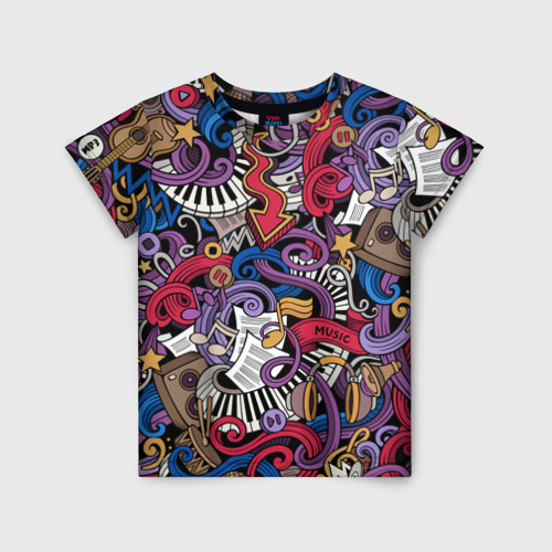 Детская футболка 3D с принтом Music collage, вид спереди #2