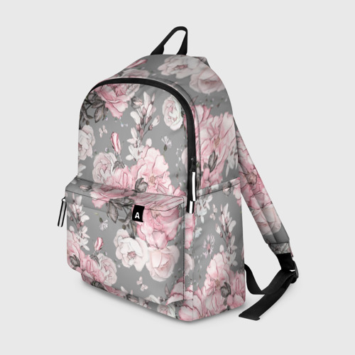 Рюкзак 3D с принтом Розовые розыером на сером, вид спереди #2