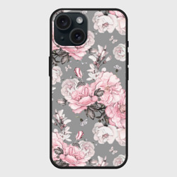 Чехол силиконовый для Apple iPhone 15 матовый Розовые розыером на сером