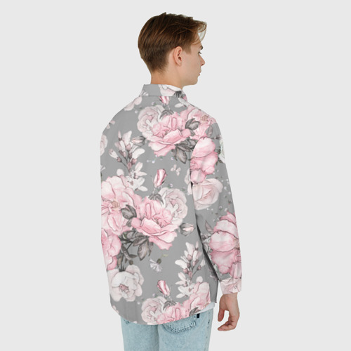 Мужская рубашка oversize 3D с принтом Розовые розыером на сером, вид сзади #2