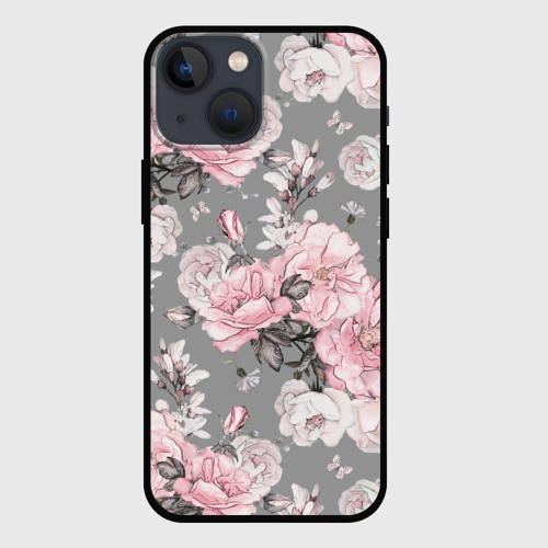 Чехол для iPhone 13 mini с принтом Розовые розыером на сером, вид спереди #2