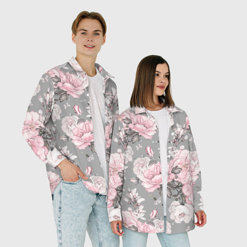 Мужская рубашка oversize 3D с принтом Розовые розыером на сером, фото #4