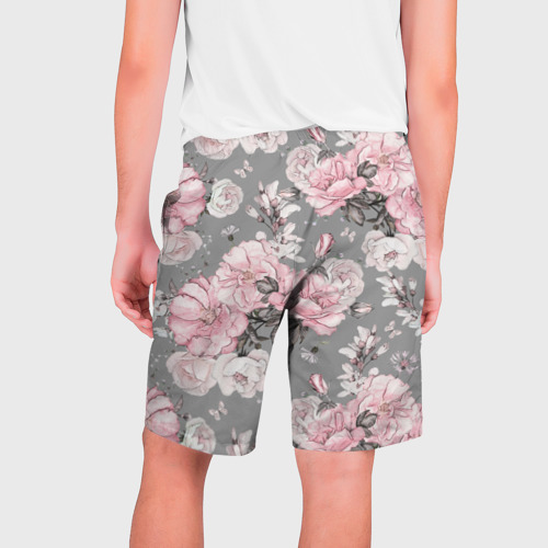 Мужские шорты 3D с принтом Розовые розыером на сером, вид сзади #1