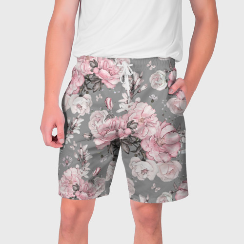 Мужские шорты 3D с принтом Розовые розыером на сером, вид спереди #2