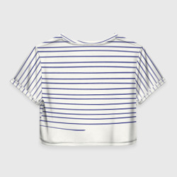 Топик (короткая футболка или блузка, не доходящая до середины живота) с принтом Муми-тролль рисует полосы для женщины, вид сзади №1. Цвет основы: белый