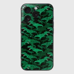 Чехол для iPhone 16 Pro силиконовый с защитой камеры Зелёные тираннозавры - камуфляж