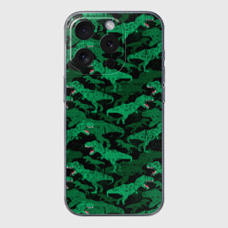 Чехол для iPhone 15 Pro силиконовый с защитой камеры Зелёные тираннозавры - камуфляж