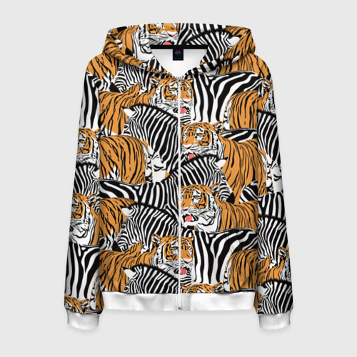 Мужская толстовка 3D на молнии Тигры и зебры, цвет белый