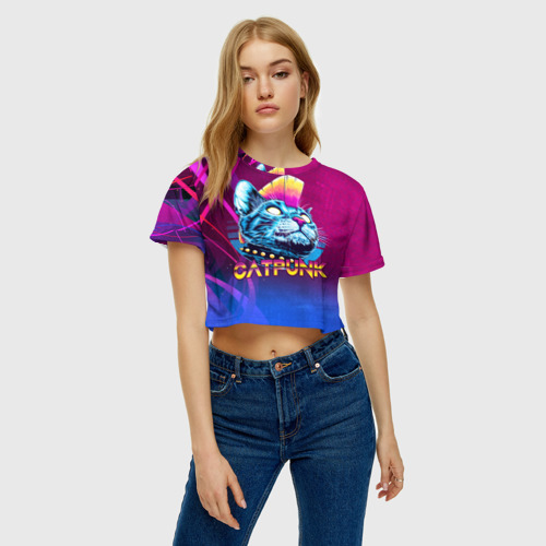 Женская футболка Crop-top 3D Котопанк, цвет 3D печать - фото 3