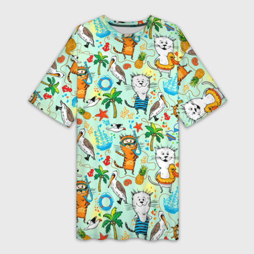 Платье-футболка с принтом Коты на отдыхе, вид спереди №1