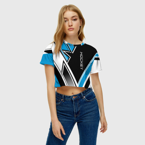 Женская футболка Crop-top 3D Hockey black blue white, цвет 3D печать - фото 3