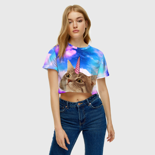 Женская футболка Crop-top 3D Кот - единорог, цвет 3D печать - фото 3