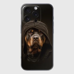 Чехол для iPhone 16 Pro Max силиконовый с защитой камеры Ротвейлер в капюшоне