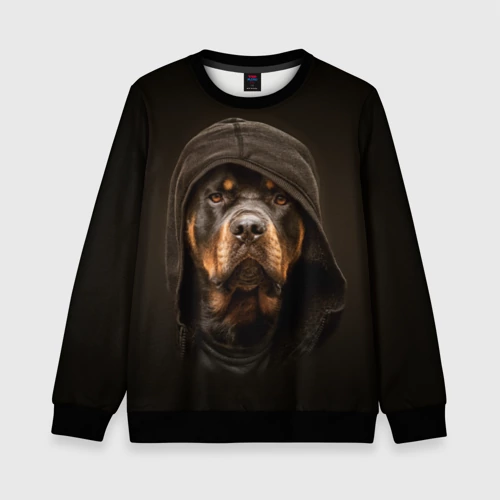 Детский свитшот 3D с принтом Ротвейлер в капюшоне, вид спереди #2