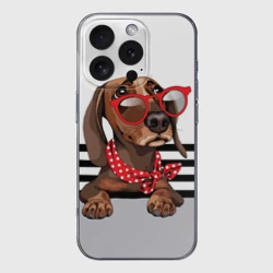 Чехол для iPhone 16 Pro Max силиконовый с защитой камеры Такса в красных очках