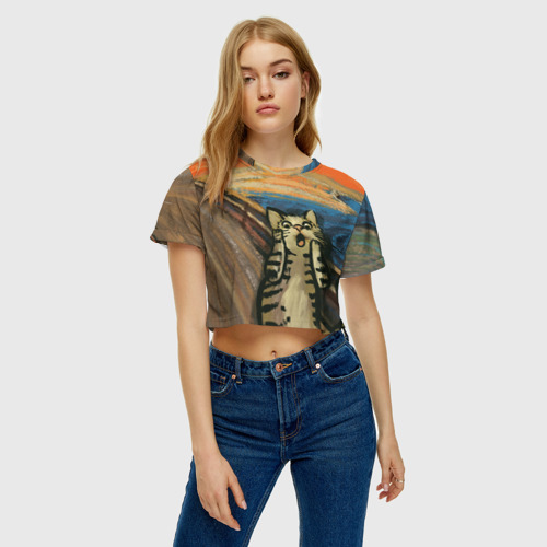 Женская футболка Crop-top 3D Крик котика, цвет 3D печать - фото 3