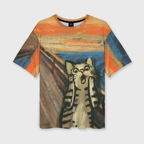 Женская футболка оверсайз с принтом Крик котика, вид спереди №1