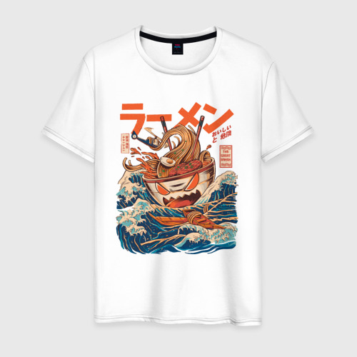 Мужская футболка из хлопка с принтом Great Ramen off Kanagawa, вид спереди №1