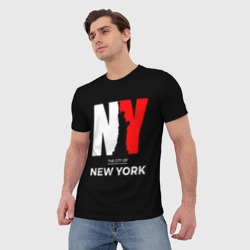 Футболка с принтом New York city USA для мужчины, вид на модели спереди №2. Цвет основы: белый