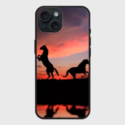 Чехол силиконовый для Apple iPhone 15 матовый Кони на закате