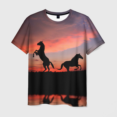 Мужская футболка с принтом Кони на закате, вид спереди №1