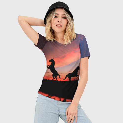 Женская футболка 3D Slim Кони на закате, цвет 3D печать - фото 3