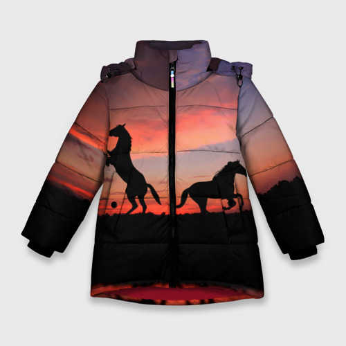 Зимняя куртка для девочек 3D Кони на закате, цвет красный