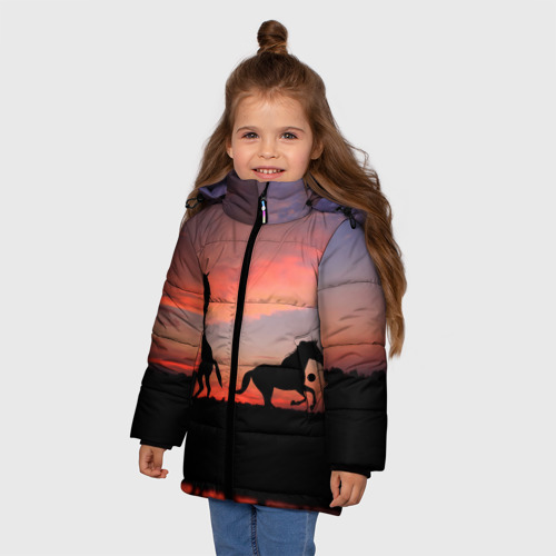 Зимняя куртка для девочек 3D Кони на закате, цвет красный - фото 3