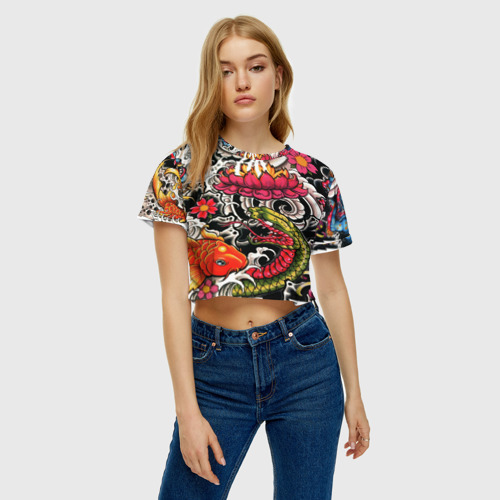 Женская футболка Crop-top 3D Dsquared tattoo, цвет 3D печать - фото 4