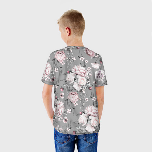 Детская футболка 3D с принтом Розовые белые розы, вид сзади #2